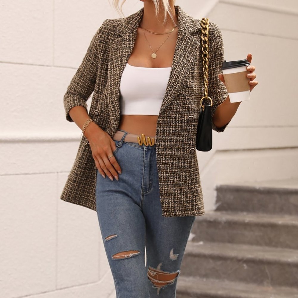 Multicolor Casual Womens Plaid Double Breasted Blazer